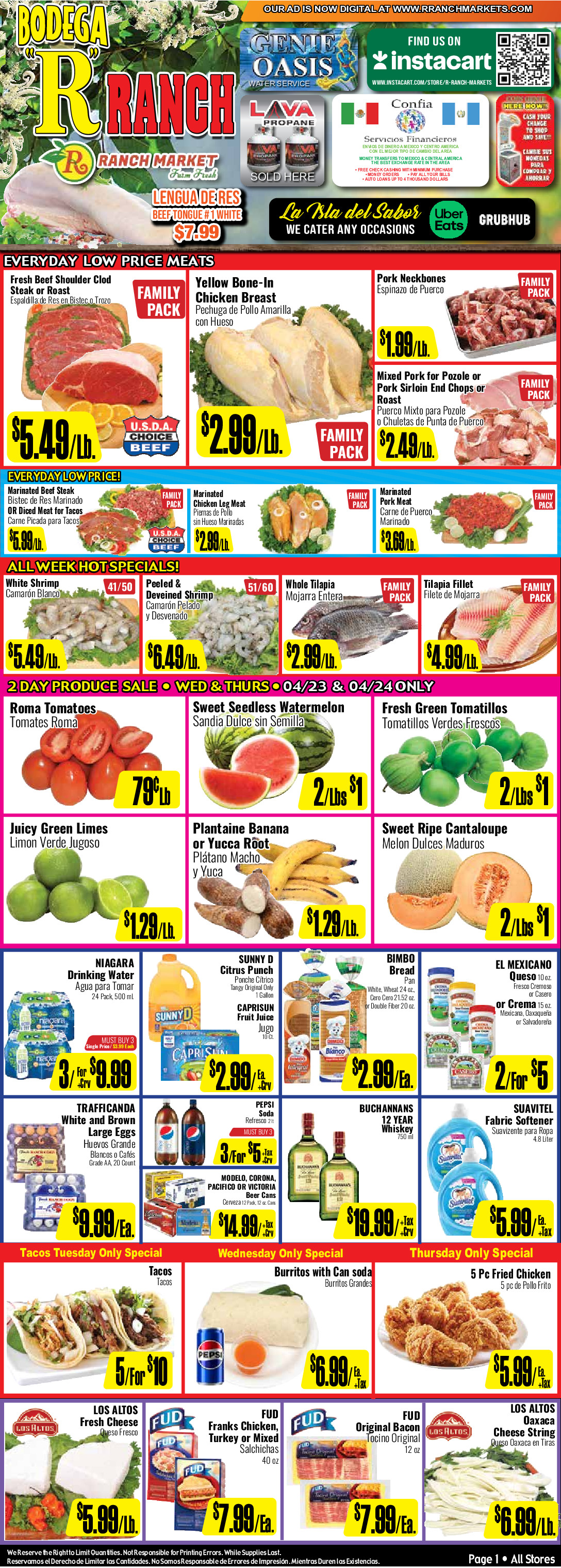 Bodega R Ranch Market Weekly AD 1 Page. valid thruogh 04/23/2025 - 05/06/2025