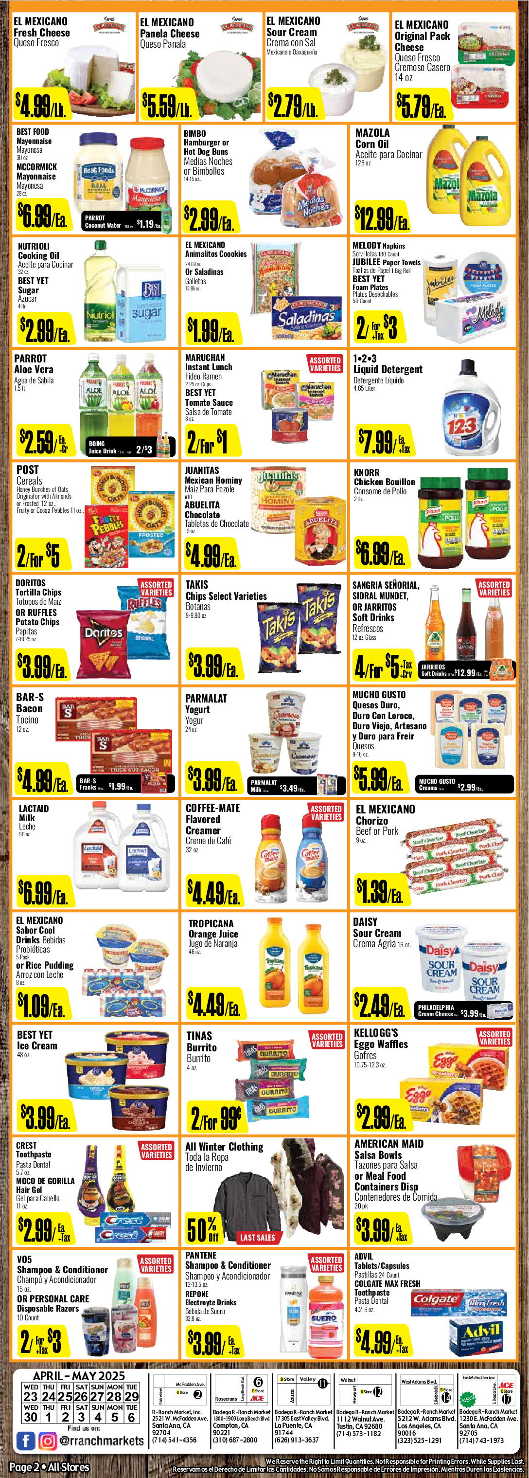 Bodega R Ranch Market Weekly AD 2 Page. valid thruogh 04/23/2025 - 05/06/2025