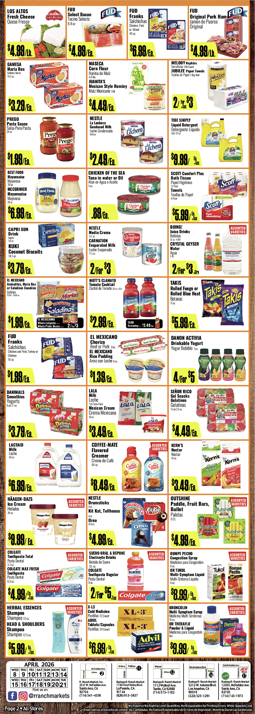Bodega R Ranch Market Weekly AD 2 Page. valid thruogh 04/08/2026 - 04/21/2026